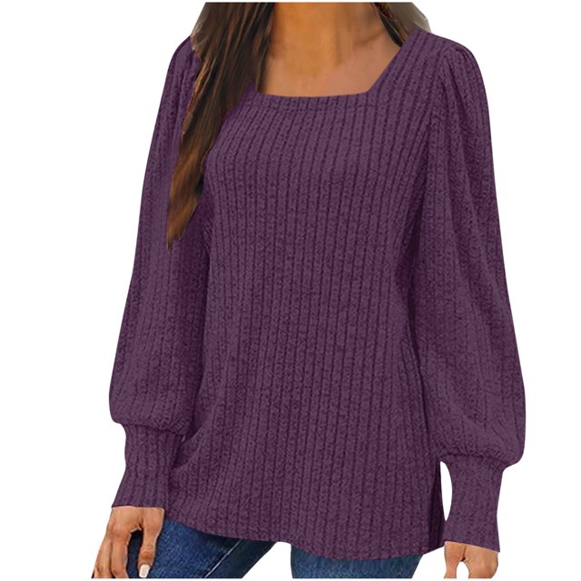 Meichang Cyber and Monday Deals, Puff Long Sleeve Shirts for Women Plus Size Square Neck Ribbed Knit Tops Solid Loose Fit Side Slit Hem Blouses Spring Trendy Women Tunic Tops