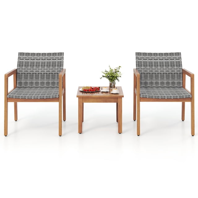 Gymax 3 Pieces Outdoor Furniture Set Acacia Wood Frame Sofa Set w/ Rattan Seat