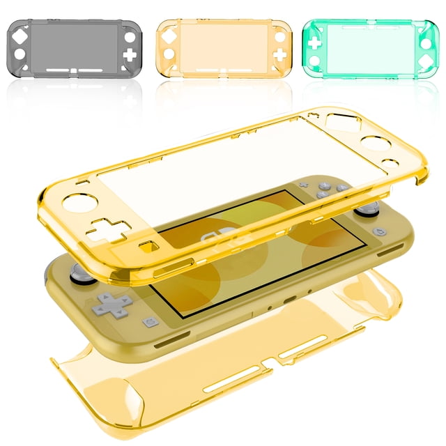 Switch Lite Protective Case in yellow, made of shock-absorbent TPU and hard polycarbonate for full protection against bumps, scratches, and drops. Designed for Nintendo Switch Lite with precise cut-outs for ports and buttons, ensuring a perfect fit. Includes non-slip TPU strips on the handle for a secure grip and a pair of silicone cat claw thumb grip caps for improved joystick control.