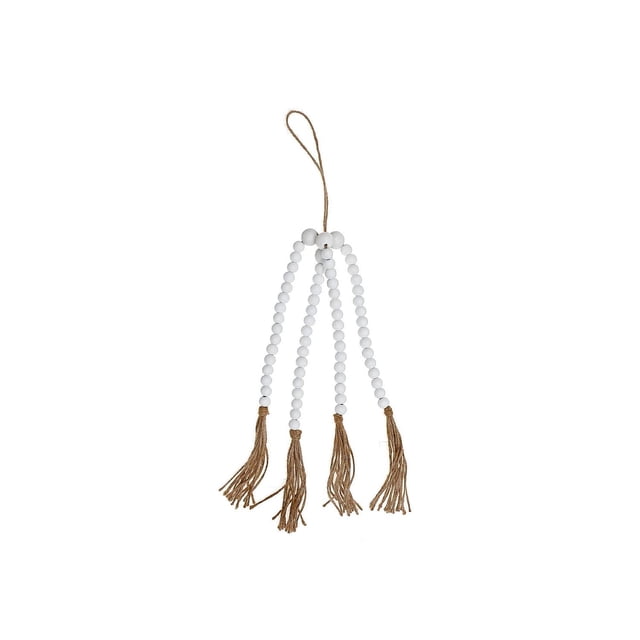 IH Casa Decor Guirlande de Perles Quadruple 24 Pouces Blanche - Ensemble de 2 avec Quatre Brins de Perles en Bois Blancs Se Terminant par des Pompons Brun Naturel et une Boucle de Corde Suspendue, Idéal pour la Décoration de Table et Convient à l'Utilisation dans les Fournitures de Perlage et la Fabrication de Bijoux.