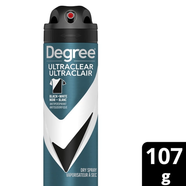 Degree Men UltraClear Black + White Dry Spray Antiperspirant in a blue aerosol can with black cap and white and black checkmark design, offering 72-hour sweat and odour protection with MotionSense technology to prevent white marks on black clothes and yellow stains on white clothes.