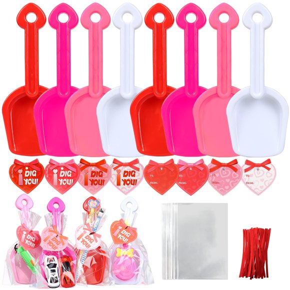 Giiffu 28PCS Valentine Plastic Shovels Toy with I DIG YOU Love Tags 28 Candy Bags with Ties for Valentine's Party Favors Supplies Valentine's Toys Classroom Exchange Prizes Valentines Gifts