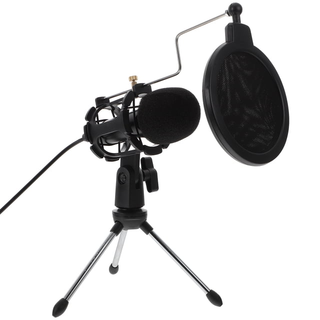 1 Set Condenser Microphone Gaming Microphone Podcast Microphone Studio Mic featuring a black cardioid condenser microphone with a foam windscreen, mounted on a sturdy tripod stand. Includes a pop filter for noise reduction and a 3.5mm plug-and-play connection, ideal for podcasting, gaming, recording, and video conferencing.