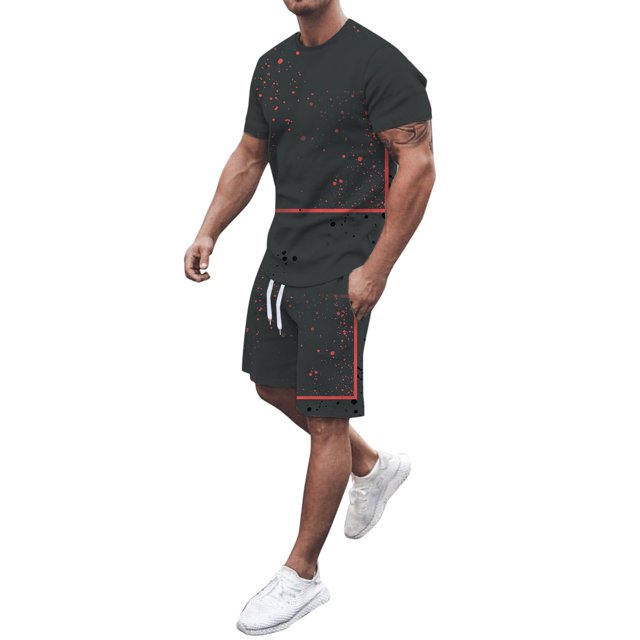 Kcodviy Men Summer Printed Short Mens Vested Suits Sleeve T Shirt Crew Party Suits for Men Neck Top Tether Shorts Men Summer Suits