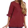 thumbnail image 1 of Hauts en Coton et Lin d'Été pour Femmes Manches à Volants Col Rond Couleur Unie Chemises Blouses Décontractées Confortables Basiques, 1 of 7