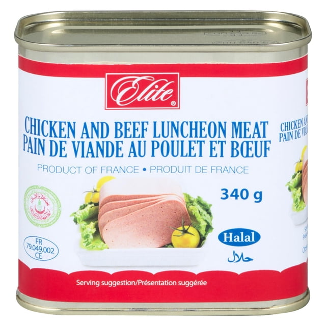 Elite Halal Chicken and Beef Luncheon meat 340g in a rectangular metal can with a white and red label, showing sliced luncheon meat on a plate with lettuce and a yellow tomato, product of France, ready to eat or suitable for frying and baking in sandwiches.