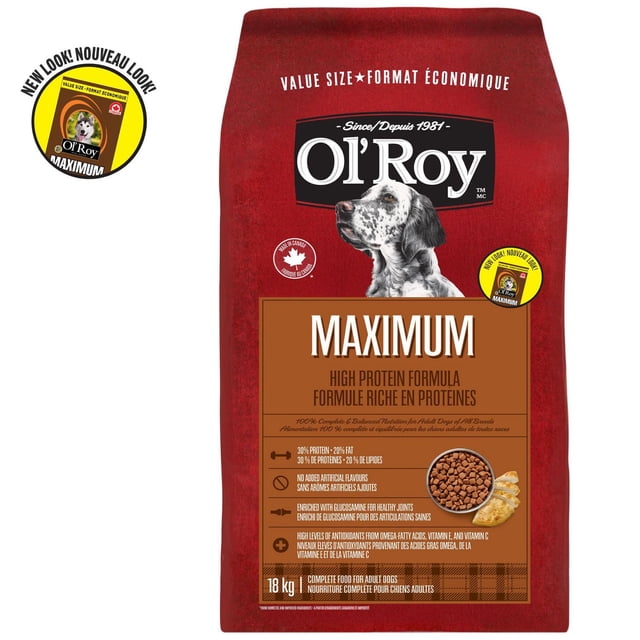 Ol' Roy Maximum High Protein Formula Dry Dog Food 18kg red value size bag featuring a black and white dog image, with 30% protein and 20% fat, enriched with glucosamine for healthy joints and antioxidants from omega fatty acids, vitamin E and C, made in Canada for adult dogs of all breeds.