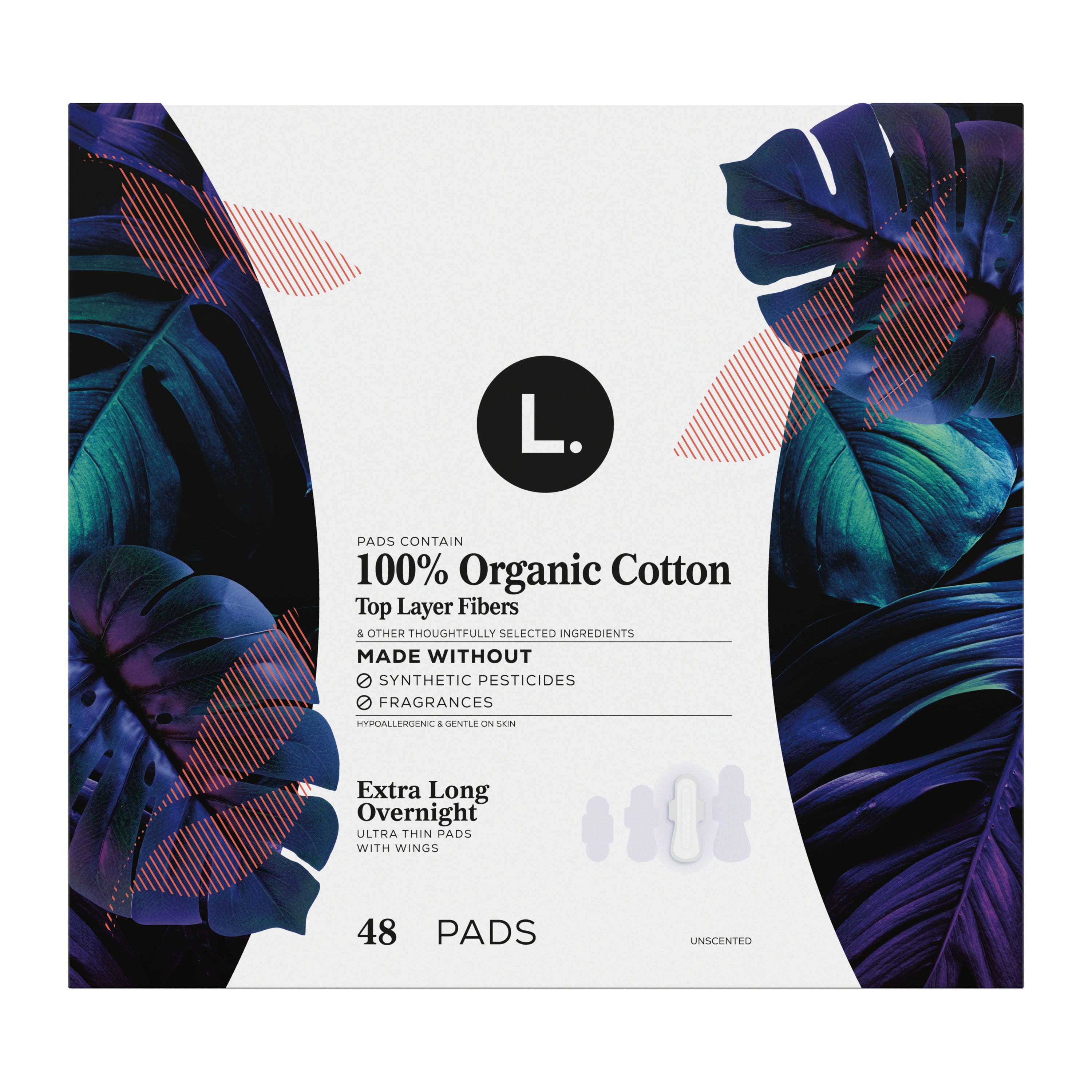 L. Ultra Thin Pads for Women, Organic Cotton Top Layer, Extra Long Overnight Absorbency, Menstrual Pads with Wings, 48 CT