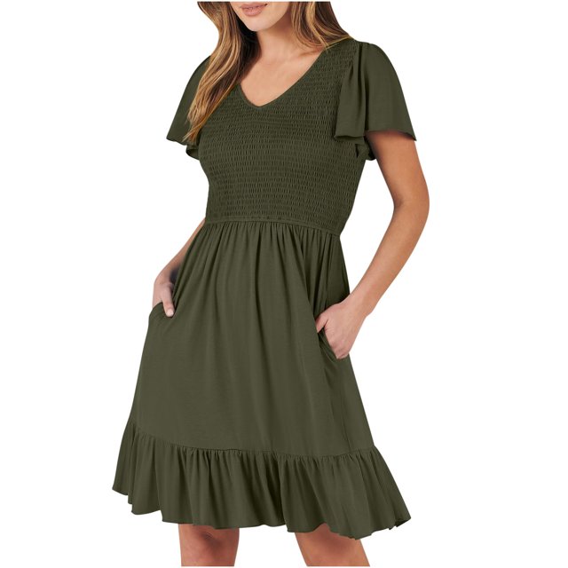 Penkiiy Robe Courte d'Été pour Femme, Col Rond, Décontractée, Smockée, Manches Bouffantes, Mignonne, avec Poches, 2TG, Vert Armée