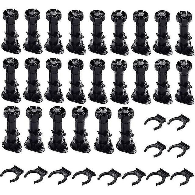 24 pieces of black plastic adjustable cabinet legs with clip fixing bases, designed for kitchen furniture and other applications. The set includes 24 adjustable legs with a height range of 60-80mm and 12 black pedestal mounting clips. These durable and moisture-resistant legs feature a thickened base for stability and scratch resistance, suitable for beds, cabinets, sofas, and more.