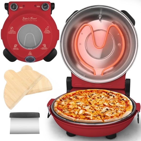 Baker’s Friend Electric Pizza Oven Indoor Countertop, 12 Inch Pizza Maker Machine for Home, Pizza Cooker & Pizza Grill, Premium Glazed Ceramic