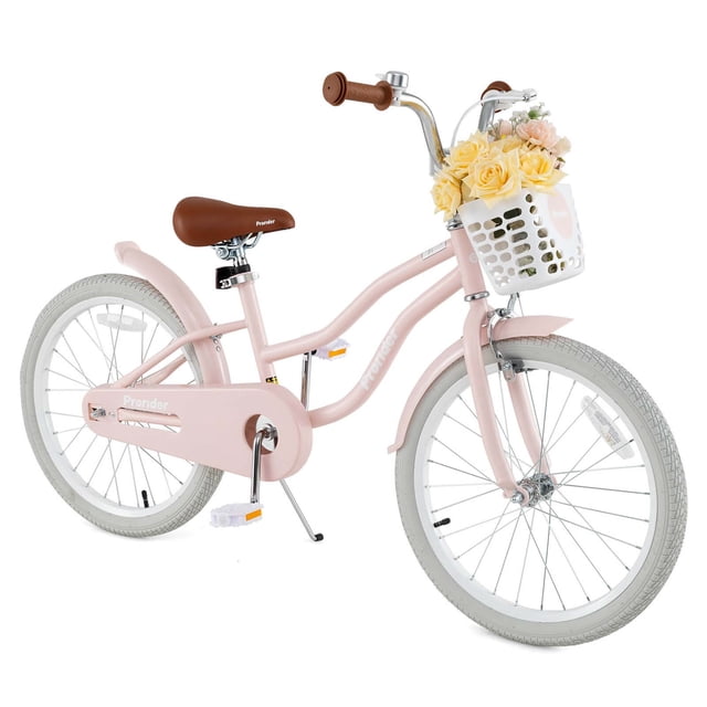 Prorider 20" Kids Bike with height adjustable handlebar and seat, hand brake, and coaster brake in pink. This kids bicycle features a durable carbon steel frame, anti-skid tires, fully enclosed chain guard, and a front basket for storage. Ideal for children aged 8+ years, suitable for flat terrains and safe riding.