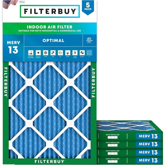Filterbuy 10x20x1 MERV 13 (MPR 1900) Health Defense, Pleated HVAC AC Furnace Air Filters (5-Pack)