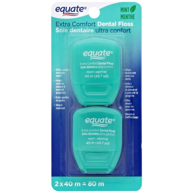 Equate Extra Comfort Menthe, Ciré, Tissé, Fil Dentaire, 40 m, Lot de 2 avec Deux Contenants de Fil Dentaire en Plastique Vert Menthe avec Texte Blanc, Emballé sur une Carte Bleu et Sarcelle avec Détails Bilingues Anglais et Français Mettant en Valeur un Fil Doux et Résistant aux Déchirures Qui Glisse Facilement entre les Dents et Aide à Prévenir la Gingivite.