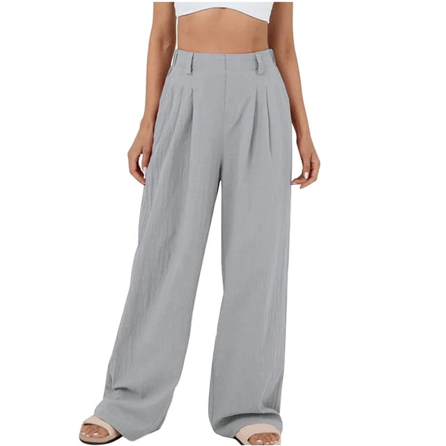 AherBiu Pantalon Habillé Décontracté pour Femmes en Coton et Lin, Taille Haute, Jambe Droite