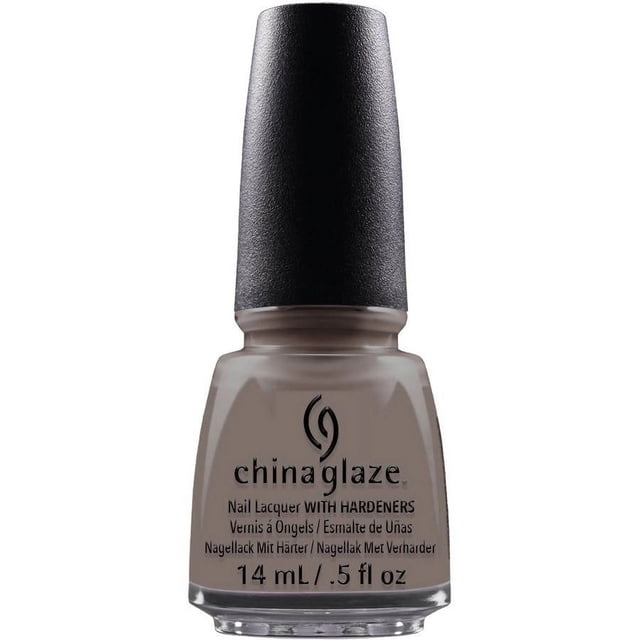 China Glaze - Below Deck - 0.5Oz nail lacquer bottle in muted taupe with hardeners, featuring a textured black cap and clear glass container holding 14 mL of long-lasting, chip-resistant polish suitable for professional nail care and creative nail art.