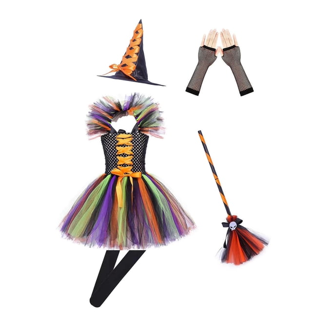 Robe de Bal Élégante pour Fille d'Halloween, Tenue de Mode pour Enfant à Poils Longs, Robe de Bal Masqué avec Jupe en tulle Multicolore, Broderie de Paillettes Scintillantes et Taille Élastique pour le Confort. Comprend des Accessoires : Chapeau de Sorcière avec Ruban orange, Gants en Maille et Balai avec Détail de Crâne. Idéal pour les Fêtes d'Halloween, les Événements de Bal Masqué pour Enfant et les Célébrations à Thème.