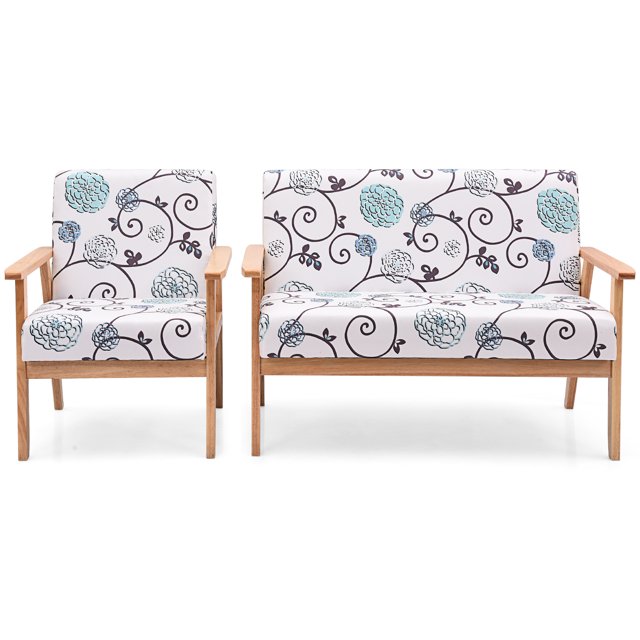 Patiojoy Ensemble de Canapé 2 Pcs et Fauteuil Simple en Tissu Blanc+bleu