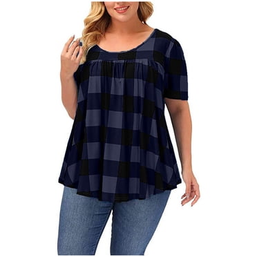 Lenpel Hauts pour Femmes Grande Taille Été Manches Courtes Col Ras du Cou devant Plissé Carreaux T-Shirts Décontractés Tunique Ample Tee Blouses