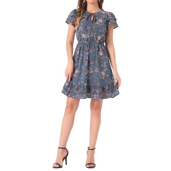 INSPIRE CHIC Women's Ruffle Sleeve Self-Tie V Neck Above Knee Ruffled A-Line Floral Chiffon Dress M Dusty Blue