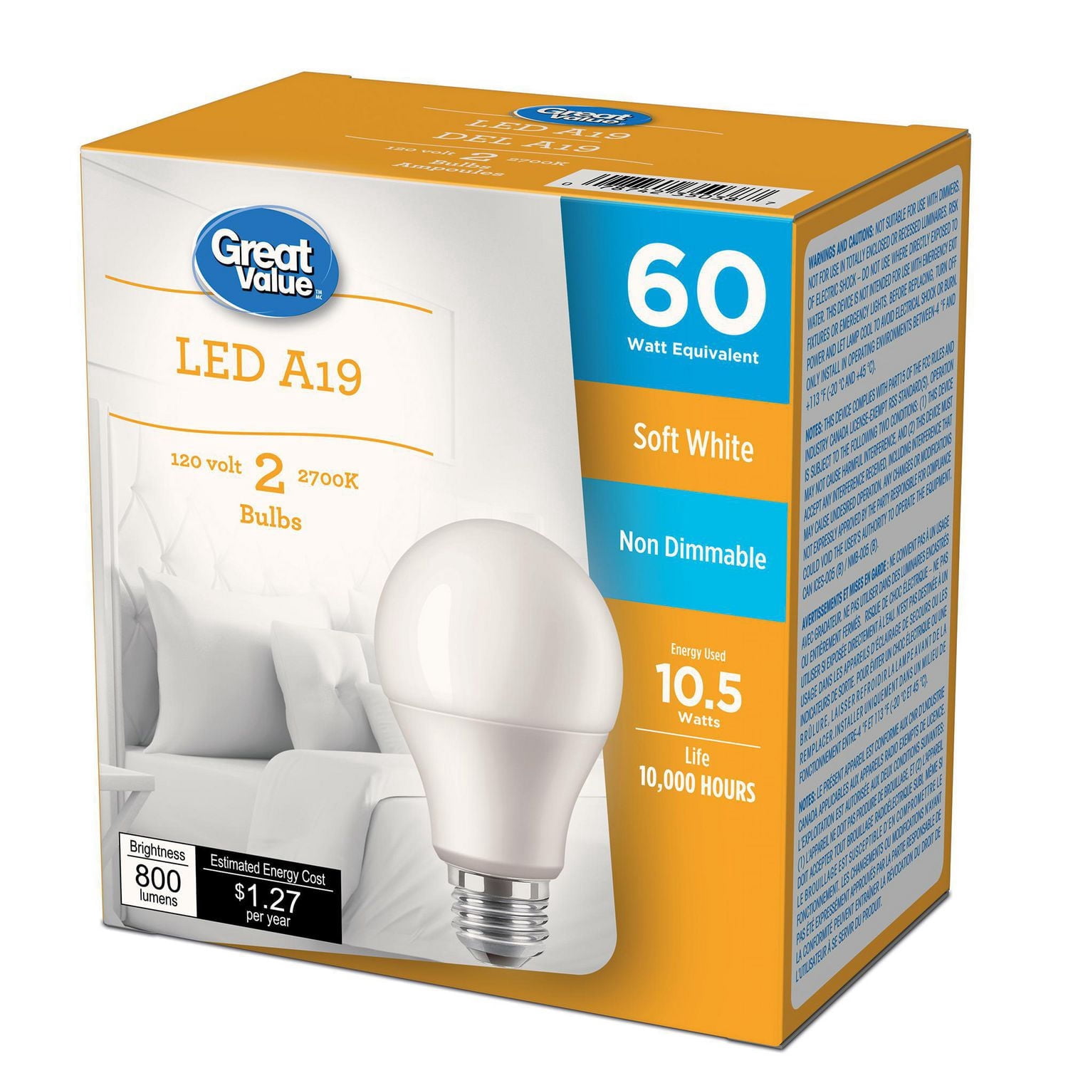Great Value 60W A19 Soft White LED bulbs 2-pack
