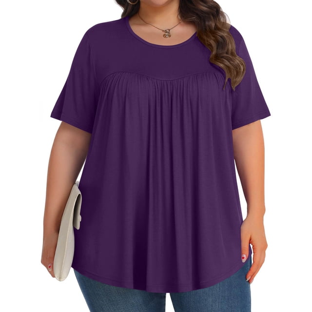 Aqestyerly Blouse à Manches Courtes pour Femmes Grande Taille, Col Rond Uni Plié, Haut en Tricot Doux et Confortable pour Tenue Décontractée