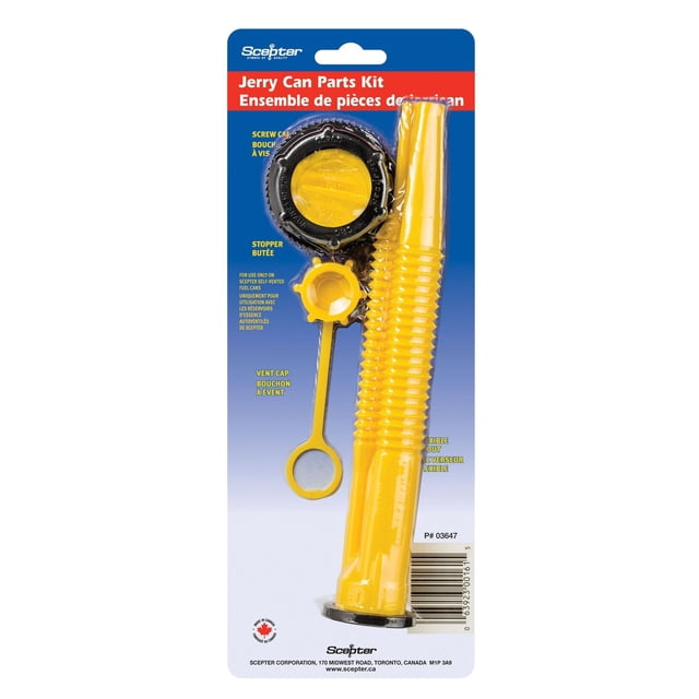 Jerry Can Parts Kit by Scepter with four yellow and black replacement parts including screw cap, vent cap with stopper, and flexible spout, suitable for automotive fuel tank and line repairs.