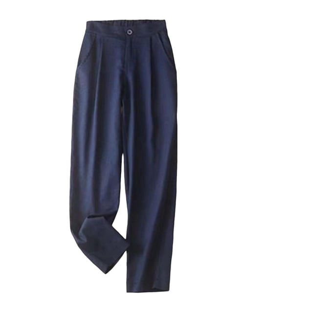 Timegard Cotton Linen Pants for Women, elastic high-waisted casual trousers with button closure, ruched detailing, and side pockets. Made from a breathable polyester-spandex blend, ideal for spring and summer wear. Shown in dark navy, suitable for casual outings.