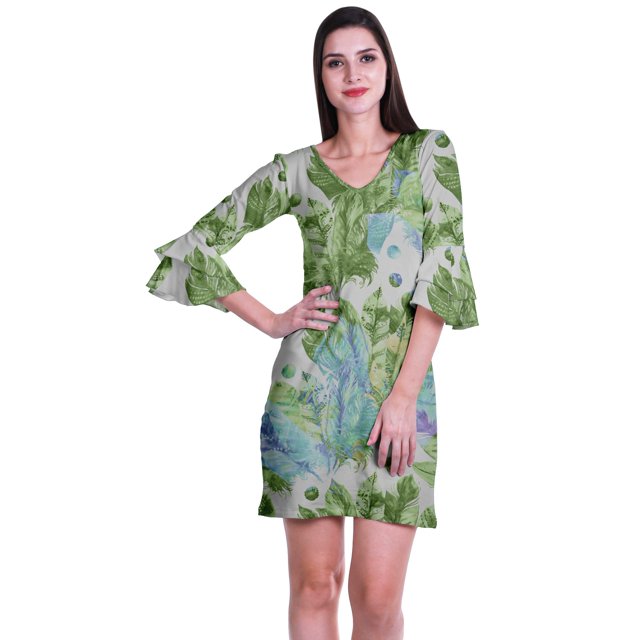 Moomaya Robe Courte Imprimée pour Femmes, Manches Évasées, Coupe Droite, Robes pour Femmes, Vêtements d'Été Décontractés