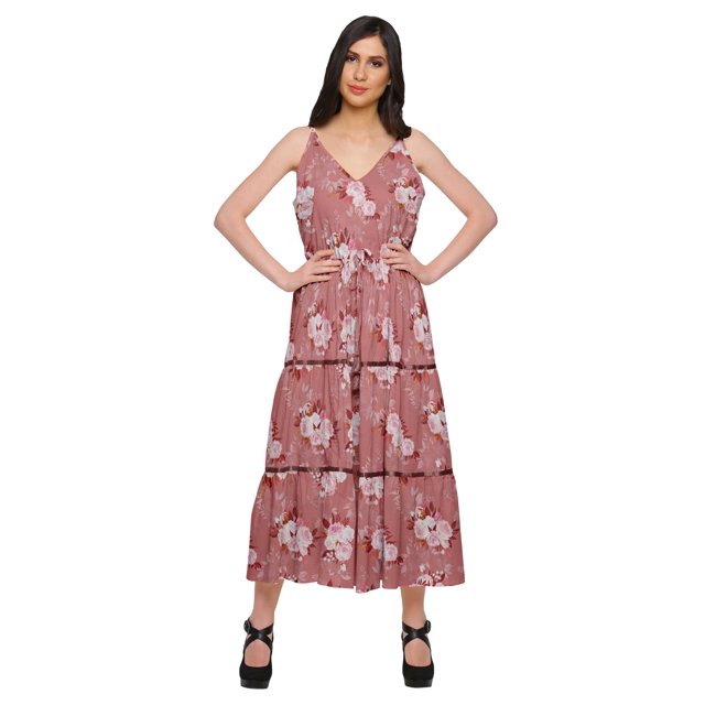 Moomaya Robe Longue maxi en Coton à Col en V Sans Manches à Bretelles Spaghetti Vêtements Décontractés
