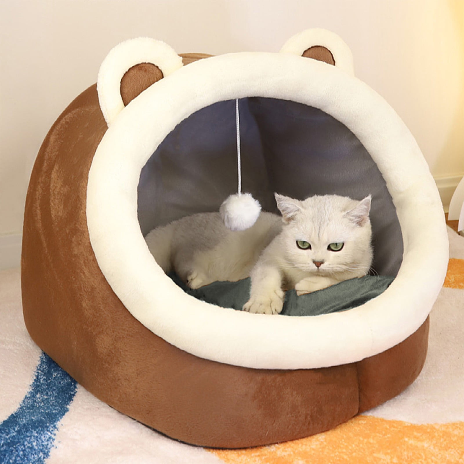 Amzcrzy Home and Kitchen, Bathroom Organizers and Storage, Semi Enclosed Cats Bed Polyester Warm Cats Bed Dog Bed With Built In Cushion Cats Shaped And Bear-shaped Dog Bed Polyester cat bed