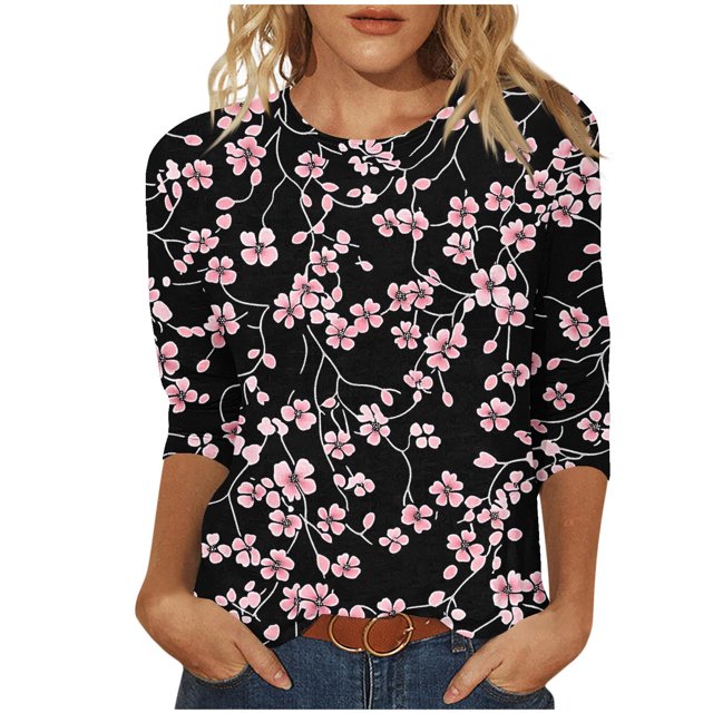 UPPADA Blouses pour Femmes Grande Taille à Manches 3/4, T-Shirts à Imprimé Floral Teintable, Chemises Décontractées Tendance à Col Rond, Chandails Confortables à Enfiler, Hauts Blouses Mignons d'Été, Chemises à Manches 3/4 pour Femmes, Économie