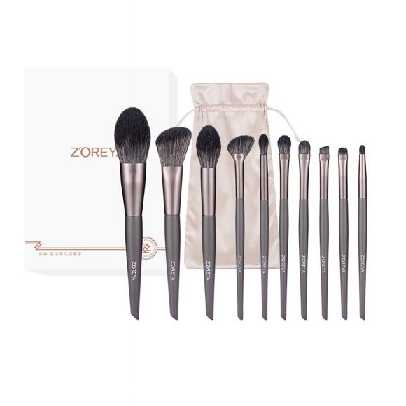 Light Gray 10pcs With Bag Loose Powder Blush Grooming Brush Storage Bag Beauty Tools Polished Pearl Lacquer Handle Body Makeup Brush Set