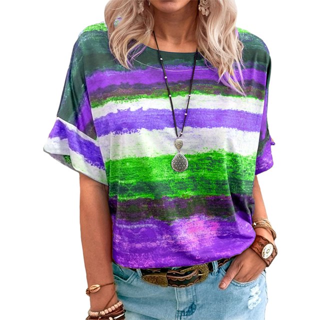 Innerwin Hauts à Rayures T-Shirt Femme Tenue d'Intérieur Manches Courtes T-Shirt Ample Violet m