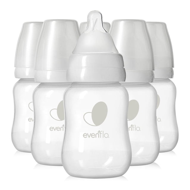 Evenflo Alimentation Balance + Col Standard Bouteilles Sans BPA Ensemble de six Bouteilles pour Bébé Transparentes de 2 Onces avec Bouchons Blancs et Tétines Naturellement Inclinées Dotées de la Technologie de Ventilation Proflo pour Réduire les Coliques et le Gaz, Conçues pour un Débit Plus Lent, Confortable et un Nettoyage Facile.