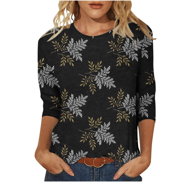 Pompotops T-shirt Ample Imprimé pour Femme Blouse à Manches 3/4 Col Rond Hauts Décontractés Liquidation