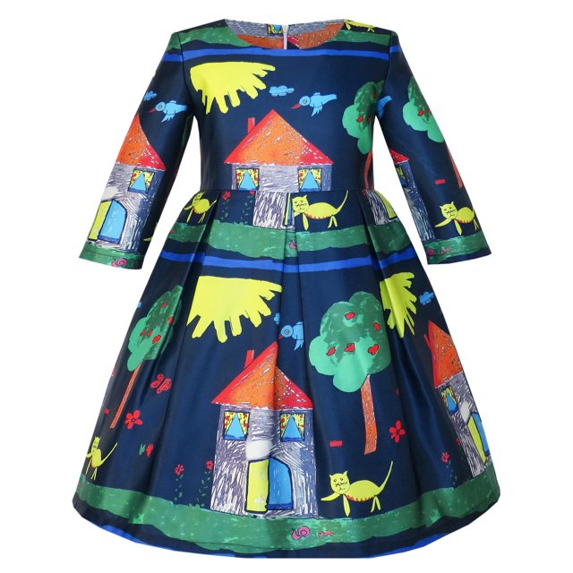 Robe Fille Maison Imprimé Arbre Dessin Animé Manches Longues Robe d'Hiver 7 Ans