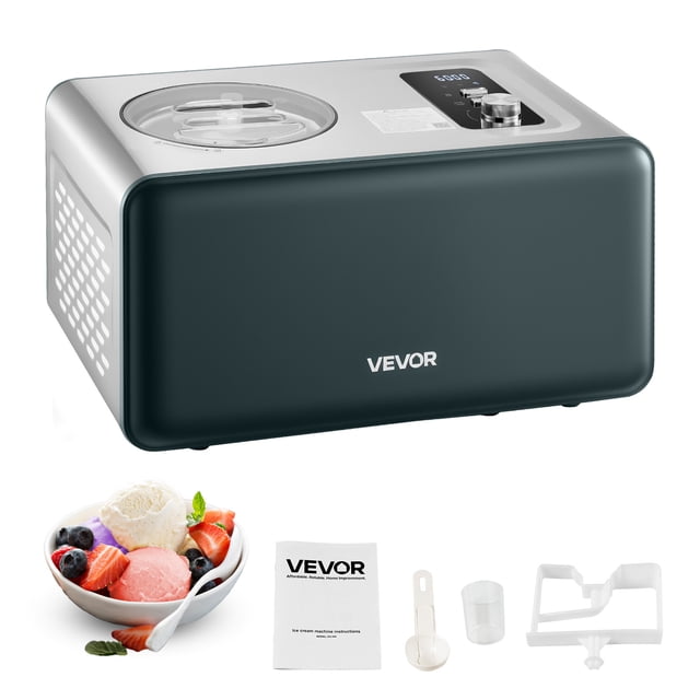 VEVOR 1.5 QT Automatic Ice Cream Maker with Built-in Compressor, shown in a sleek brushed stainless steel and black design. The machine features a transparent lid, digital display, and control knob on the top panel. Included accessories, such as a spoon, measuring cup, mixing rod, and user manual with recipe book, are displayed alongside a bowl of colorful ice cream with fresh fruit toppings. This 1.5-quart capacity ice cream maker is multifunctional, offering modes for ice cream, cooling, and mixing, and does not require pre-freezing. Dishwasher-safe removable parts ensure easy cleaning.