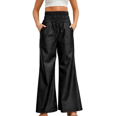 AherBiu Women's Pants Leather High Waisted Trendy Stretchy Lounge Pants Wide Leg Trousers with Pockets