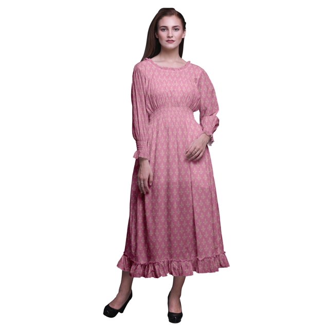 Bimba Robe Bloc Femme à Manches Longues Smockée Col Rond à Volants Été Maxi-Xx-Grand
