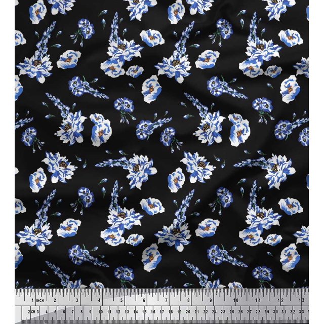 Soimoi Blue Rayon Fabric Leaves & Floral Decor Fabric Printed BTY 42 Inch Wide