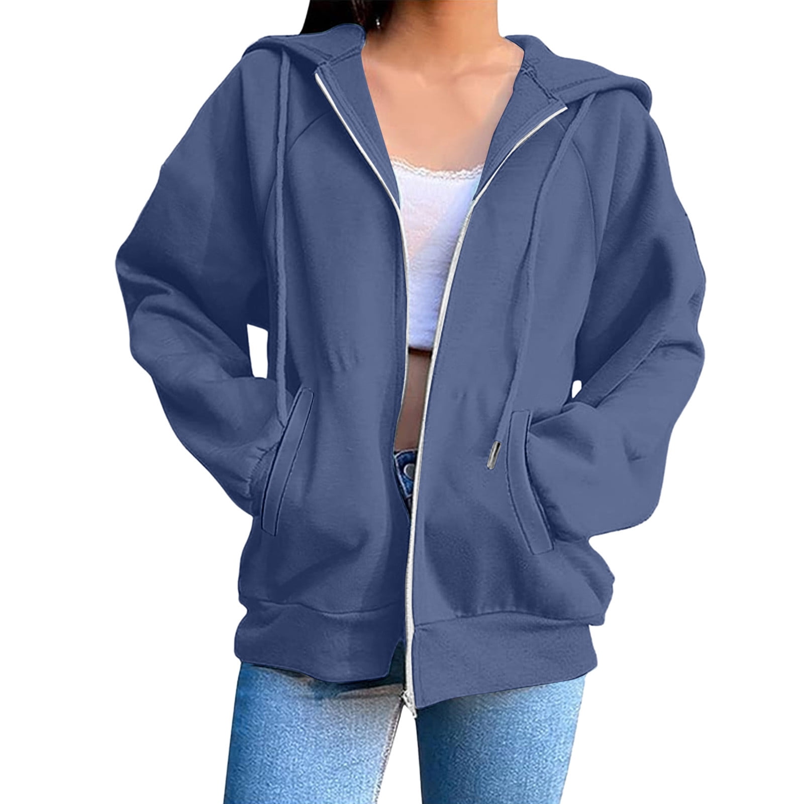 Mgmyaa Women's Sweatshirt Fashion Solid Color Hooded Pocket Raglan-Sleeve Long Sleeve Zip Up Jacket