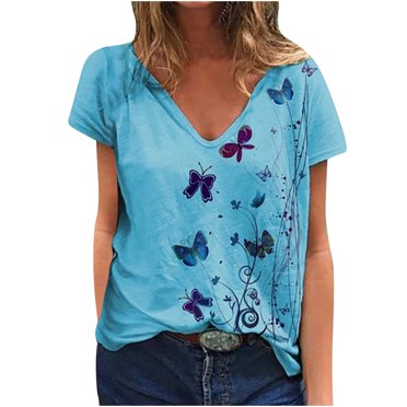 Leutsin Women V-Neck Summer Short Sleeve Butterfly Printing Tops Loose T-Shirt