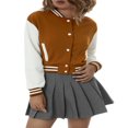 thumbnail image 1 of CenturyX Women Long Sleeve Cropped Baseball Jacket Color Block Button Down Front Open Fashion Bomber Jacket Coat Purple M, 1 of 7