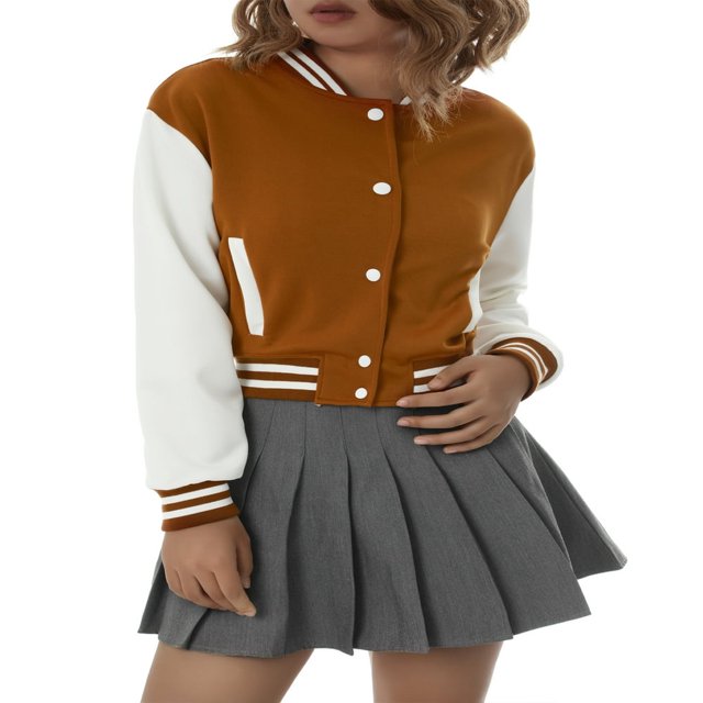 CenturyX Women Long Sleeve Cropped Baseball Jacket Color Block Button Down Front Open Fashion Bomber Jacket Coat Purple M