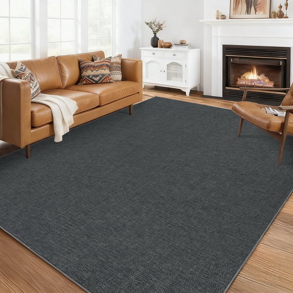 Garvee Tapis Moderne Uni 8'x10 Pieds Minimaliste Tissé Texturé, Tapis Lavable Antidérapant à Poils Courts pour Intérieur Salon Chambre Salle à Manger, Noir Gris