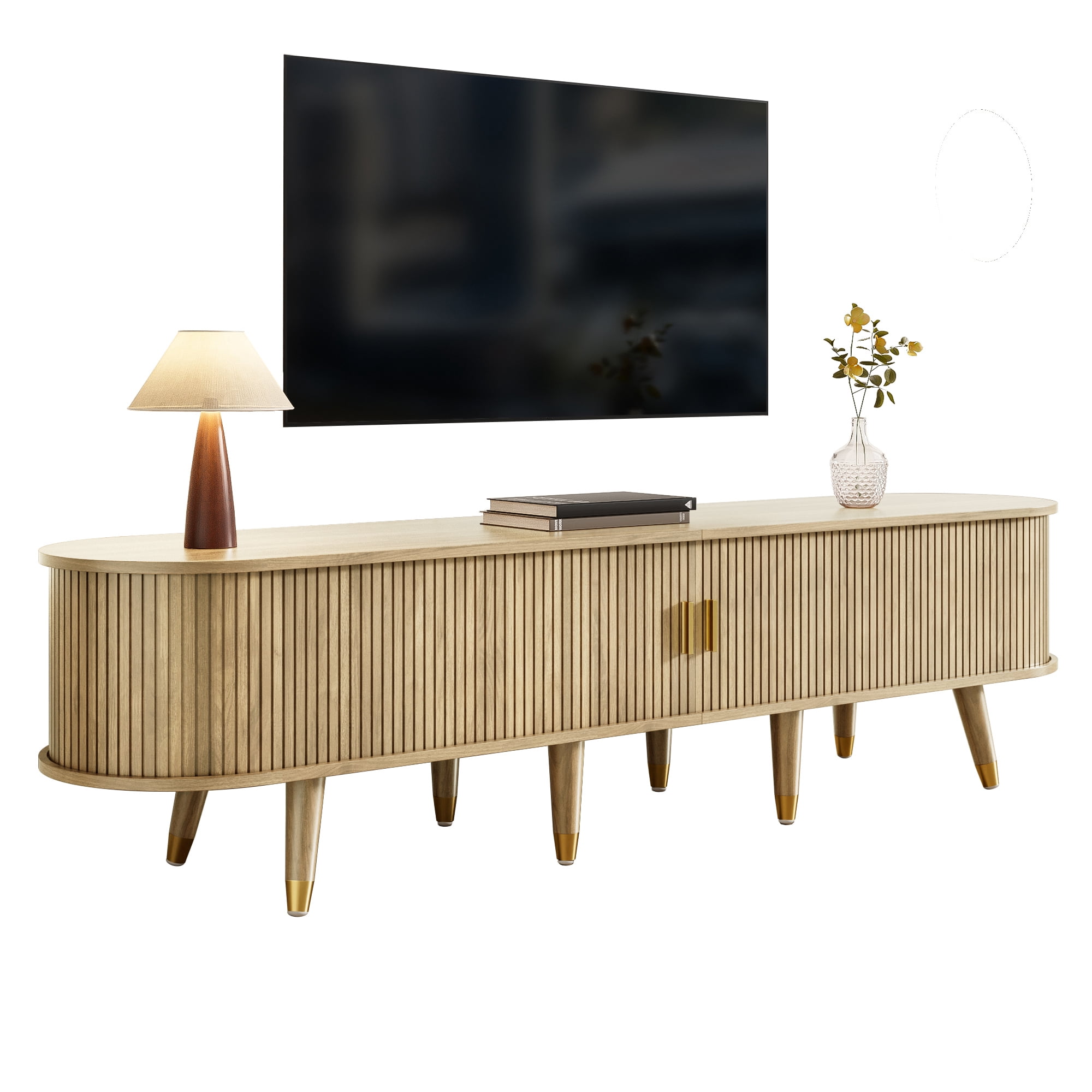 Light Wood TV Cabinet with Sliding Door & Storage - Country Style TV Stand
