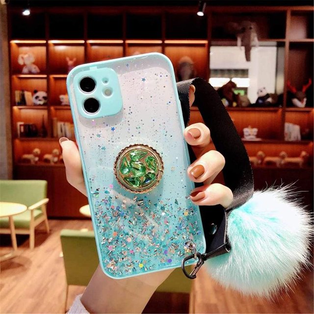 Étui avec Béquille pour Bague Pailletée Compatible avec Support Bling Scintillant en Diamant Strass et Dragonne Boule de Fourrure Duveteuse pour Filles Femmes (iPhone 11)
