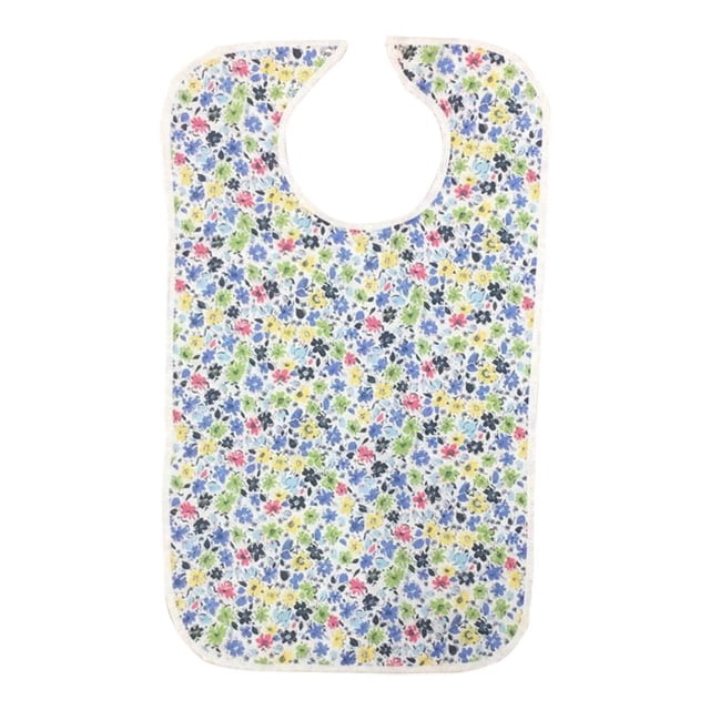 Quilted Washable Adult Bib with Snap Closure in an assortment of floral prints. Made of quilted cotton with a poly fill center for absorbency and a full waterproof vinyl PVC backing for spill protection. Measures 18 inches wide and 30 inches long with an adjustable snap closure.