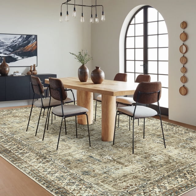 HOMERRY Washable 5' x 7' Modern Area Rug for Living Room Vintage Floral Print Indoor Washable Neutral Carpet, Brown